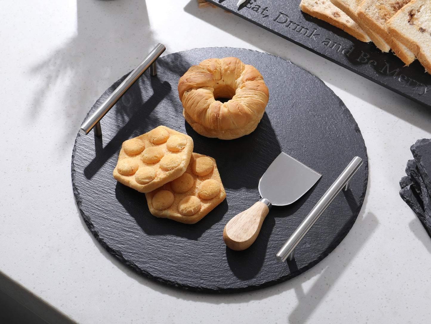 Round Slate Stone Serving Tray with stainless steel Handles kit