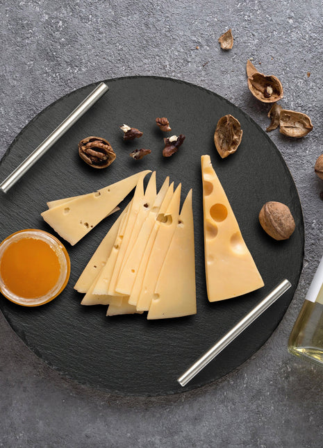 Round Slate Stone Serving Tray with stainless steel Handles kit