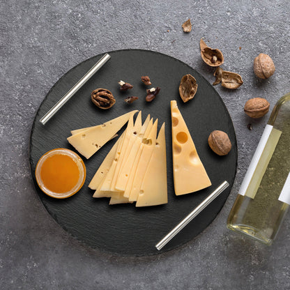 Round Slate Stone Serving Tray with stainless steel Handles kit